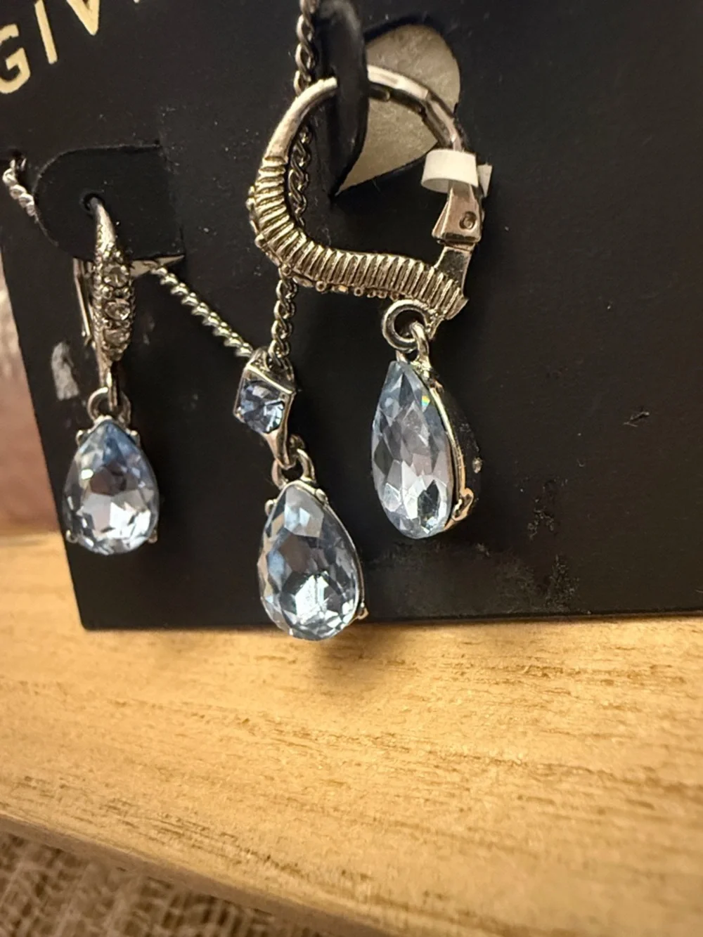 Givenchy Silver Tone Light Blue Pear Shaped Drop Earrings and Pendant Set